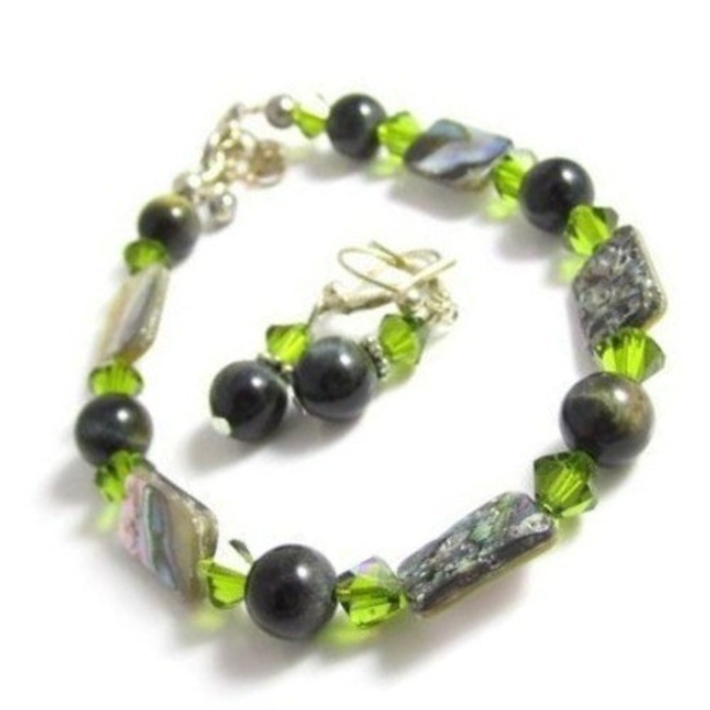 Abalone, Olive Green Crystals, Dark Green Cat's Eye Bead 9.5" Anklet Earring Set